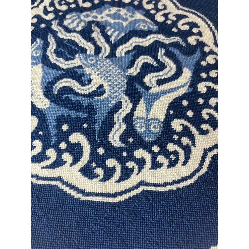 Vintage Hand Stitched Needlepoint Canvas Blue White Koi Fish Medallion